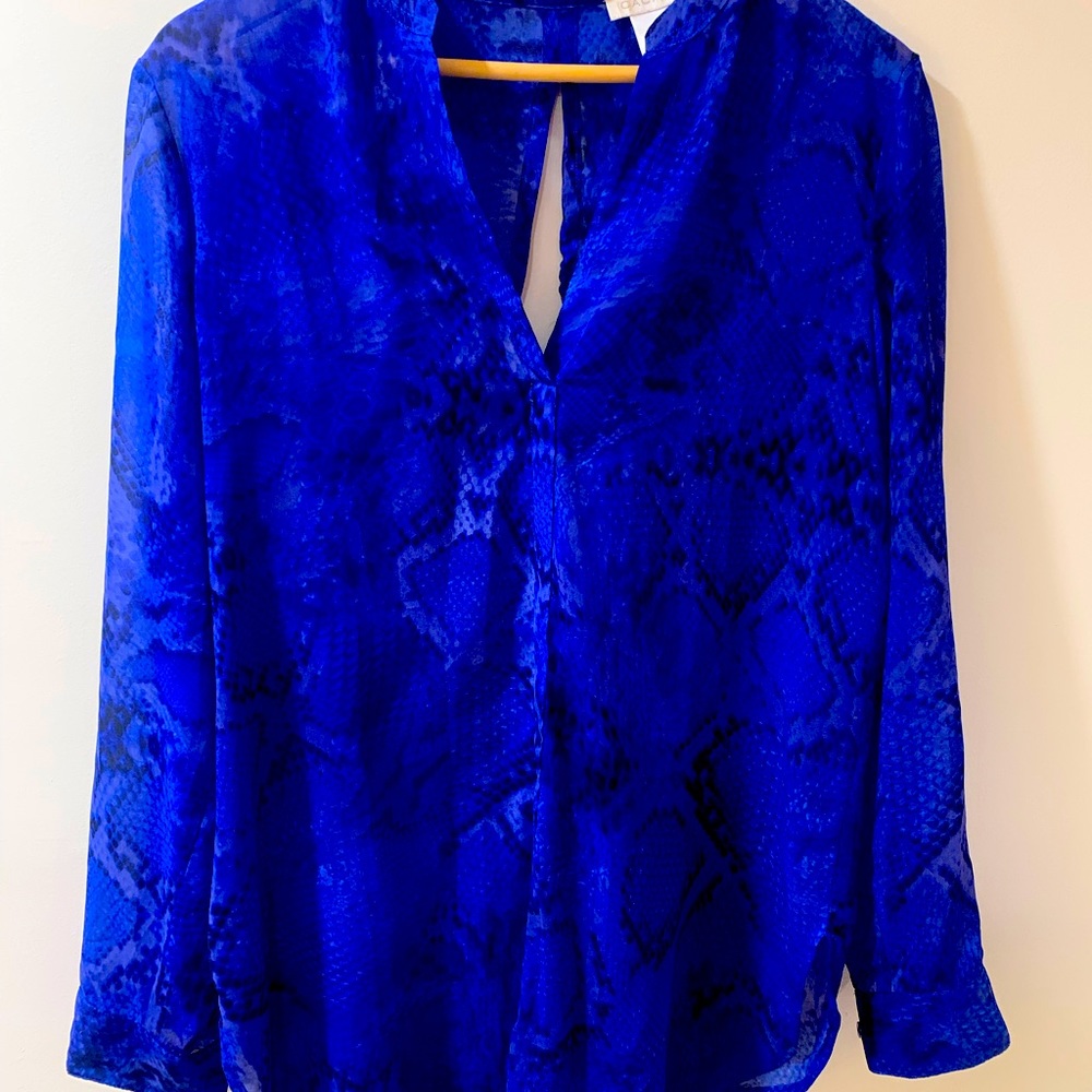 Cache Blue and black snake skin print sheer blouse